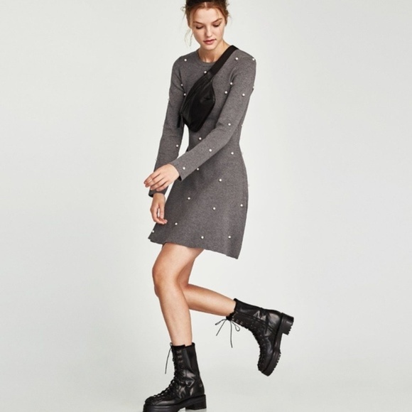 Zara Skater dress with Pearl beads gray grey S small NWT - Picture 3 of 8